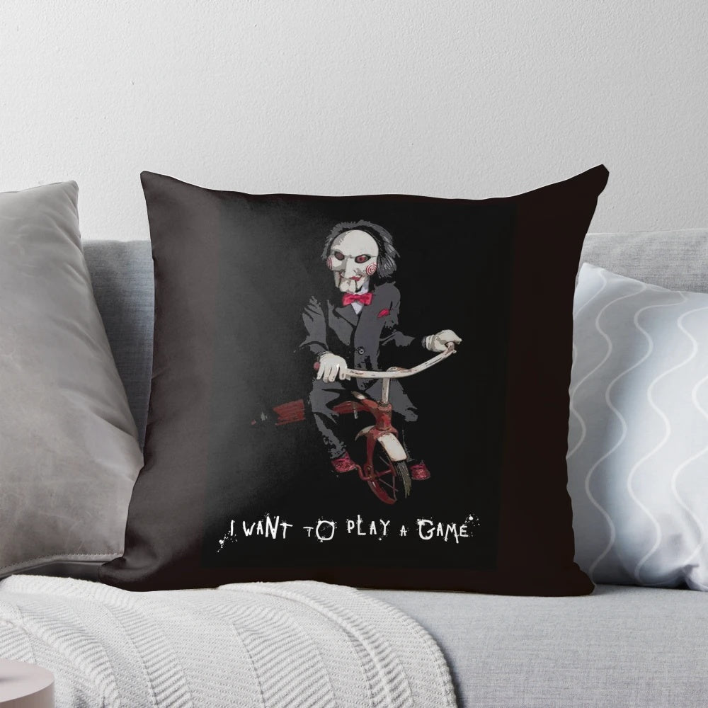 A decorative pillow featuring the iconic Saw movie franchise character and imagery, perfect for horror fans and movie enthusiasts.