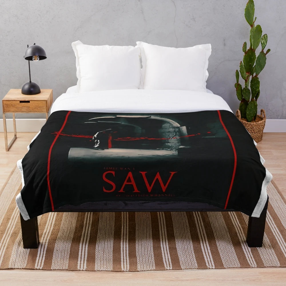Saw movie inspired plush blanket with jigsaw puzzle design
