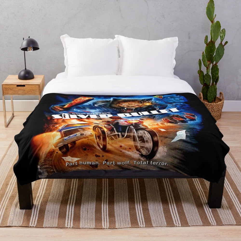 Silver plush blanket with horror movie-inspired design