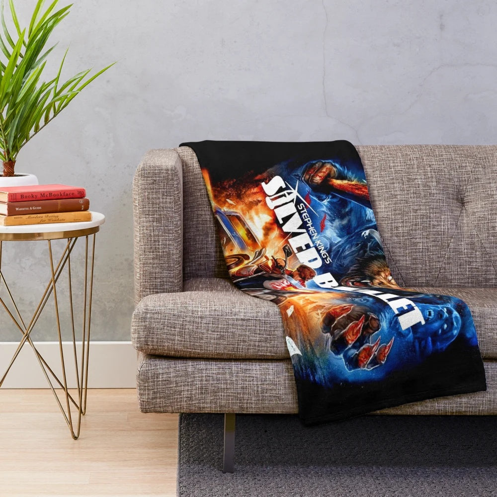 Silver plush blanket with horror movie-inspired design