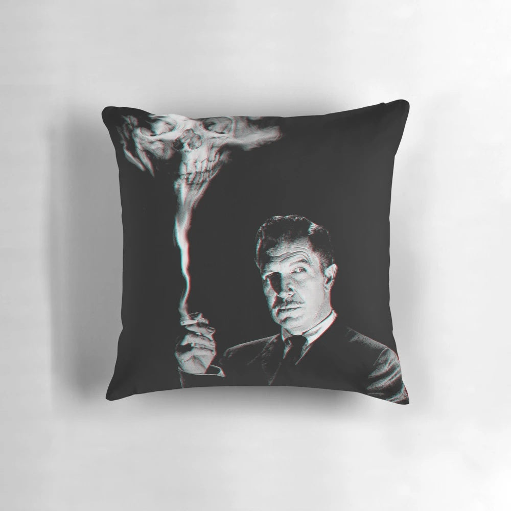 Vintage-inspired "The Price is Right" horror-themed decorative pillow featuring Vincent Price