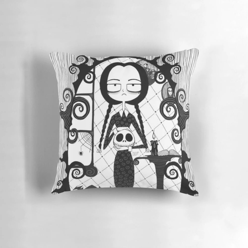 A black and white photo of the iconic character Wednesday Addams from The Addams Family TV show and movies.