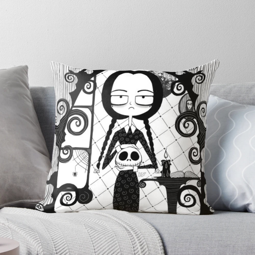 A black and white photo of the iconic character Wednesday Addams from The Addams Family TV show and movies.