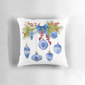 Elegant chinoiserie-style Christmas holiday pillow with blue and white pine swag branches