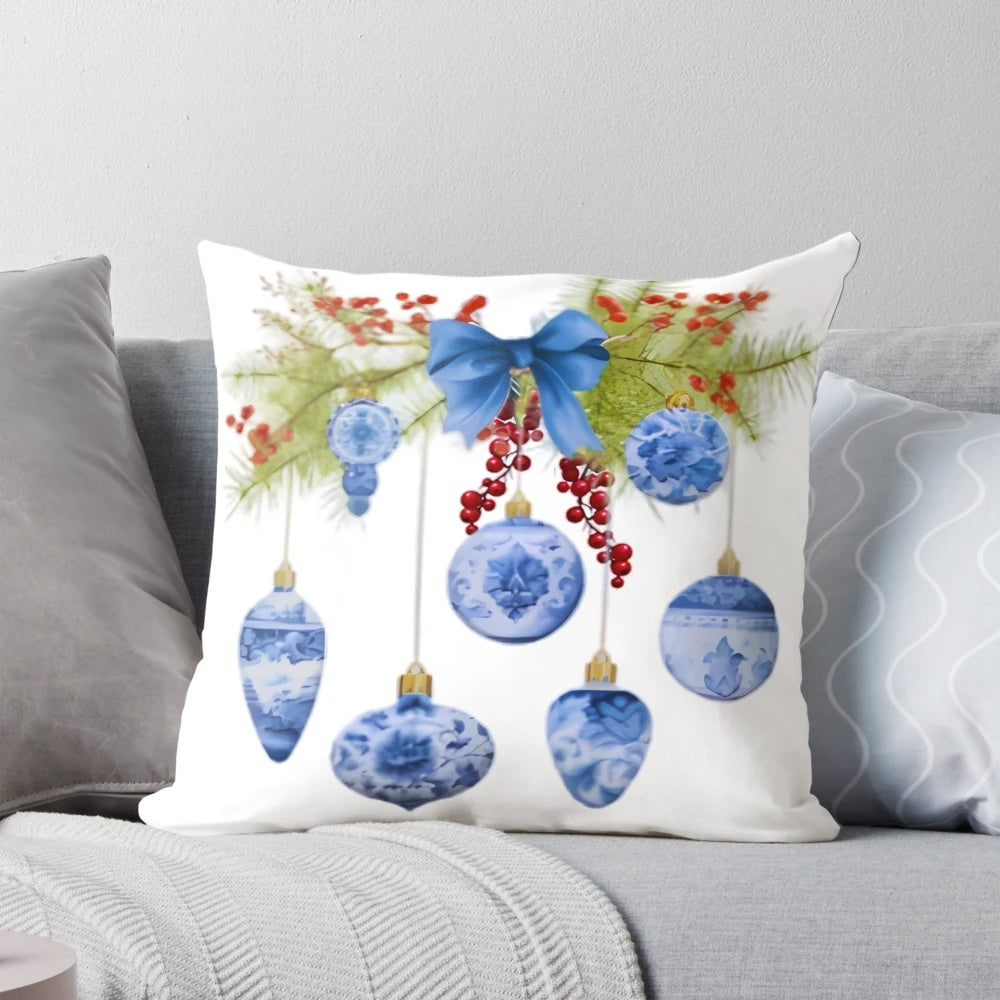 Elegant chinoiserie-style Christmas holiday pillow with blue and white pine swag branches
