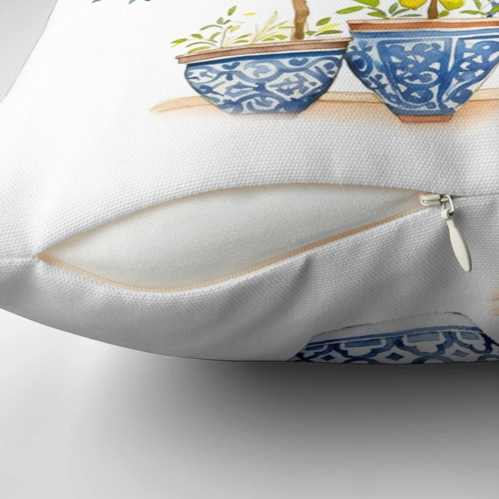 A Chinoiserie-inspired decorative pillow featuring a lemon tree pattern in shades of blue and white.