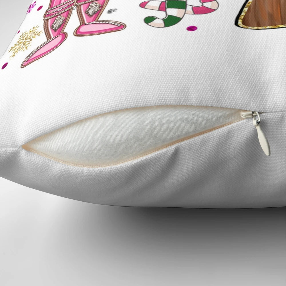 A pink and blue chinoiserie-style Christmas nutcracker pillow with a glittering tree and holiday bow accents.