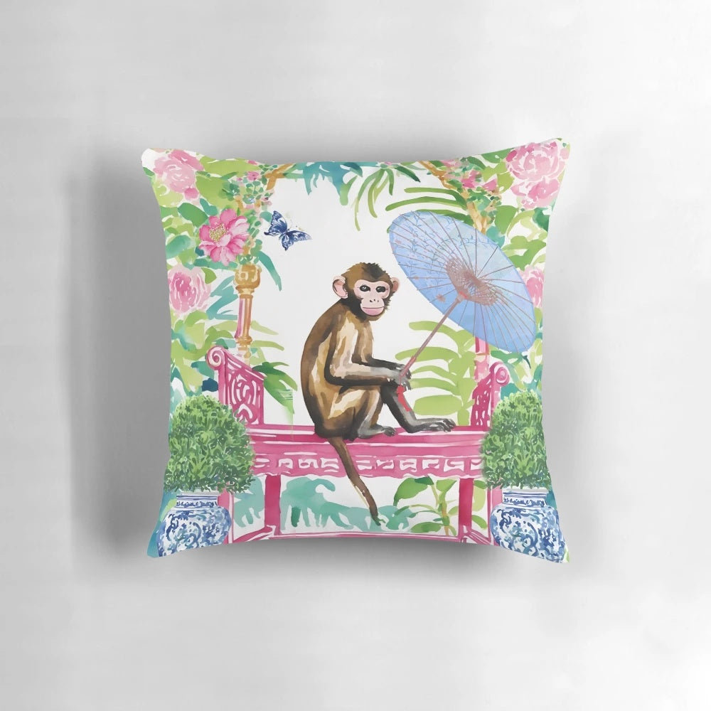 Chinoiserie-inspired watercolor painting of a monkey in a topiary garden with ginger jars