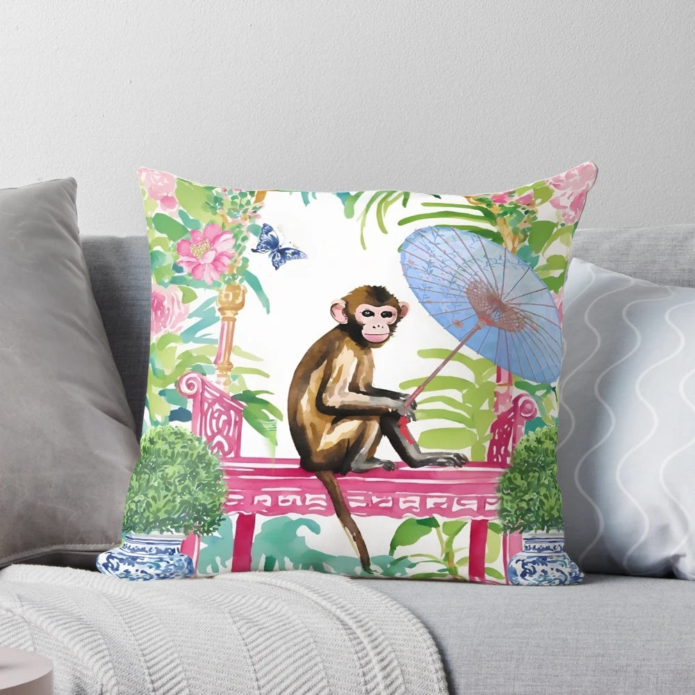 Chinoiserie-inspired watercolor painting of a monkey in a topiary garden with ginger jars