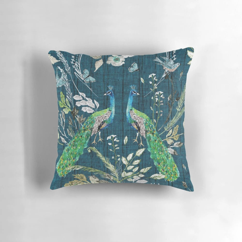 Teal and blue chinoiserie-inspired peacock design decorative throw pillow