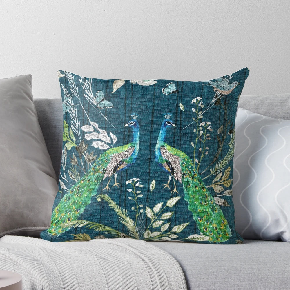 Teal and blue chinoiserie-inspired peacock design decorative throw pillow