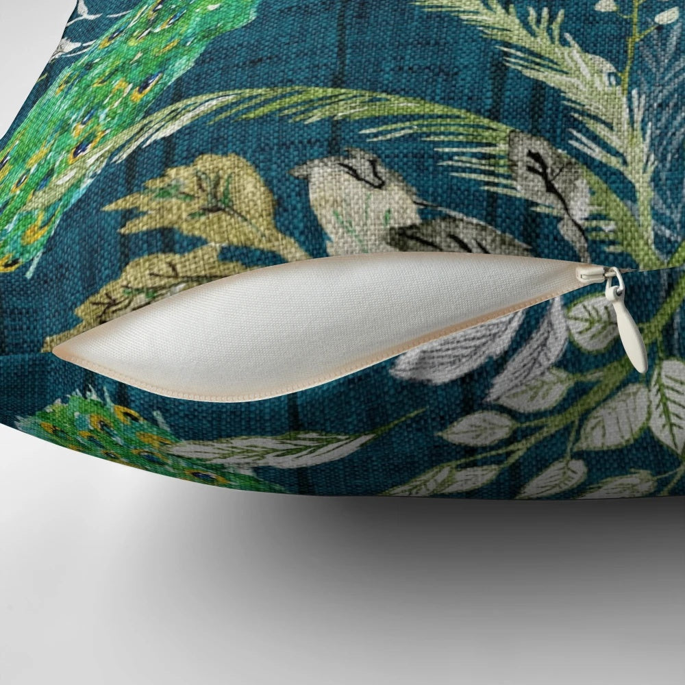 Teal and blue chinoiserie-inspired peacock design decorative throw pillow