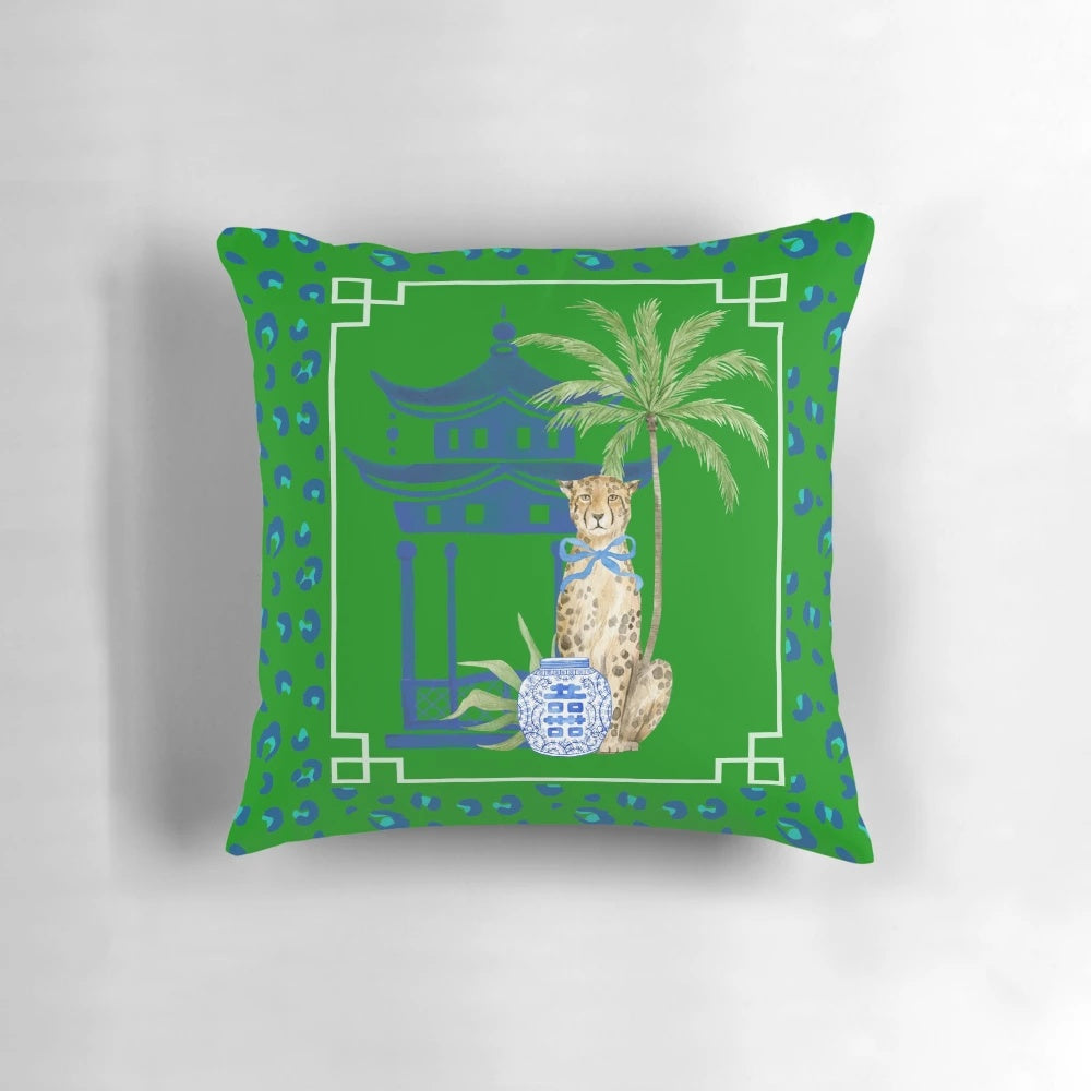 Chinoiserie leopard and ginger jar pattern decorative pillow