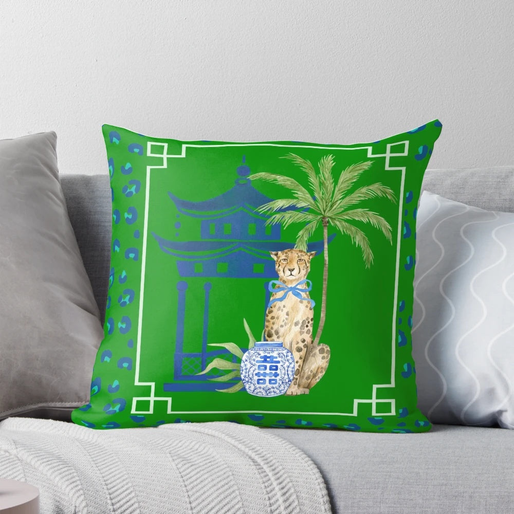 Chinoiserie leopard and ginger jar pattern decorative pillow