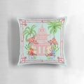 Chinoiserie-style decorative throw pillow featuring a watercolor painting of a monkey and pagoda in blue and white tones.