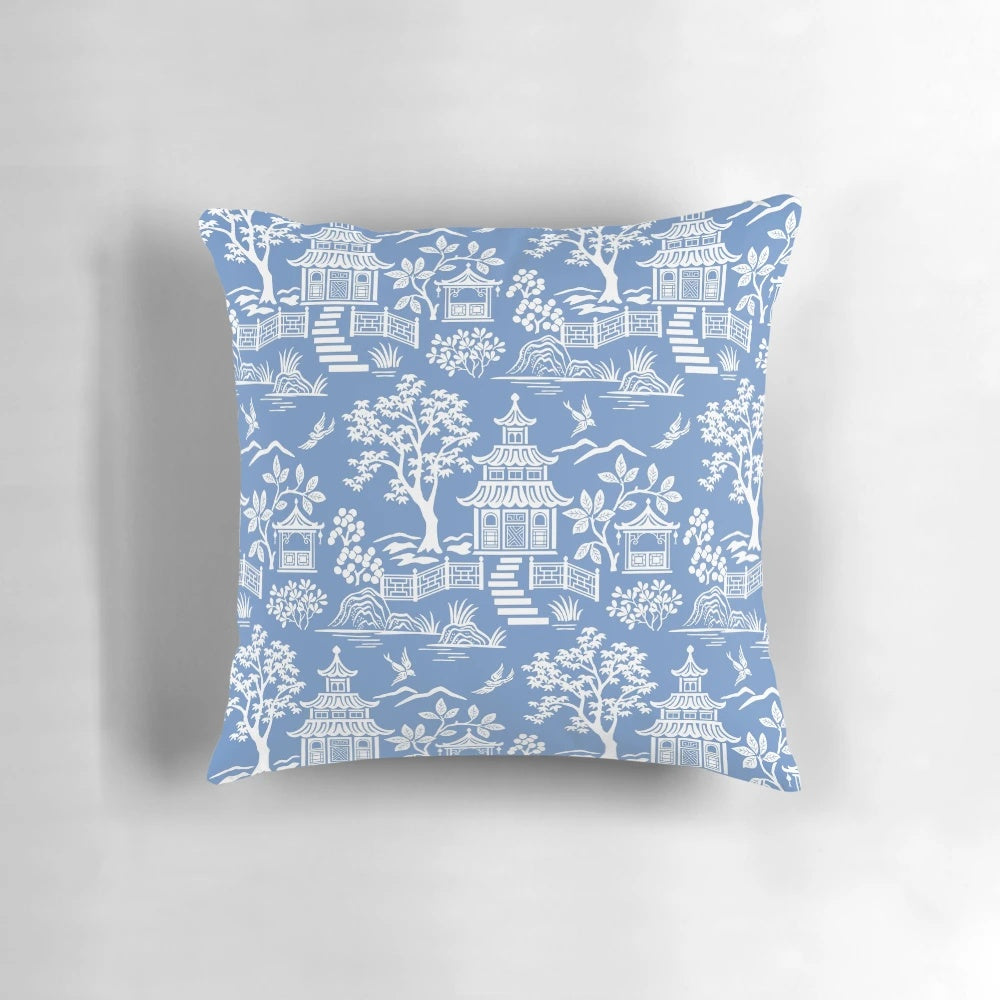Chinoiserie pagoda pillow with blue and white Asian landscape design