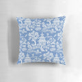 Chinoiserie pagoda pillow with blue and white Asian landscape design