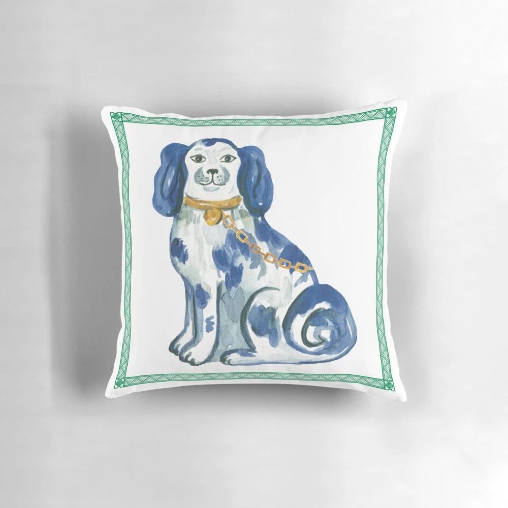 Chinoiserie Staffordshire blue and white porcelain dog-themed accent pillow