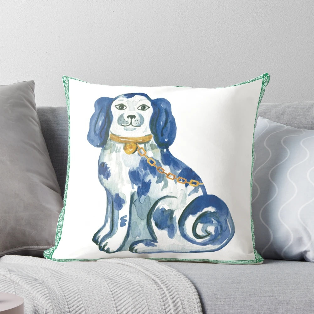 Chinoiserie Staffordshire blue and white porcelain dog-themed accent pillow