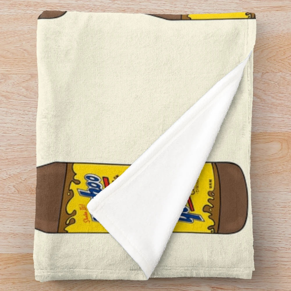 Chocolate drink themed plush blanket with Yoo-hoo inspired design and drink illustration
