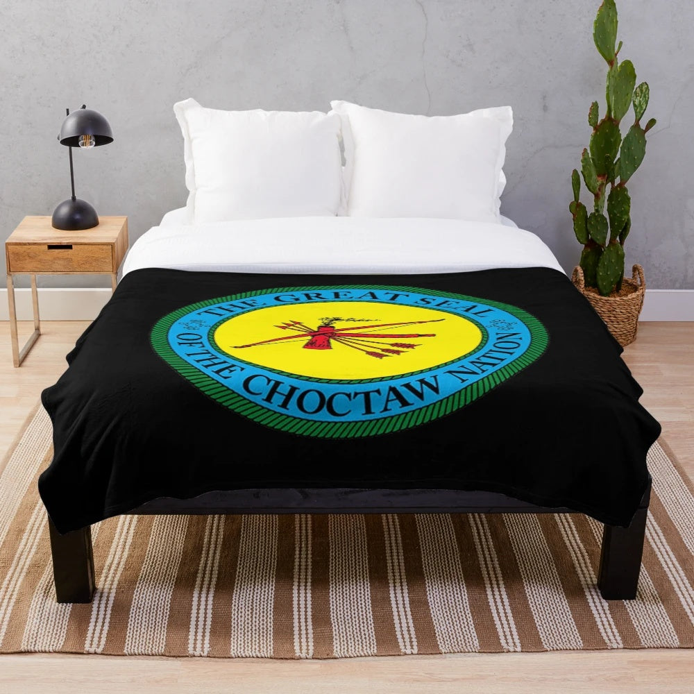Choctaw Nation Great Seal Plush Blanket featuring tribal flags and indigenous designs