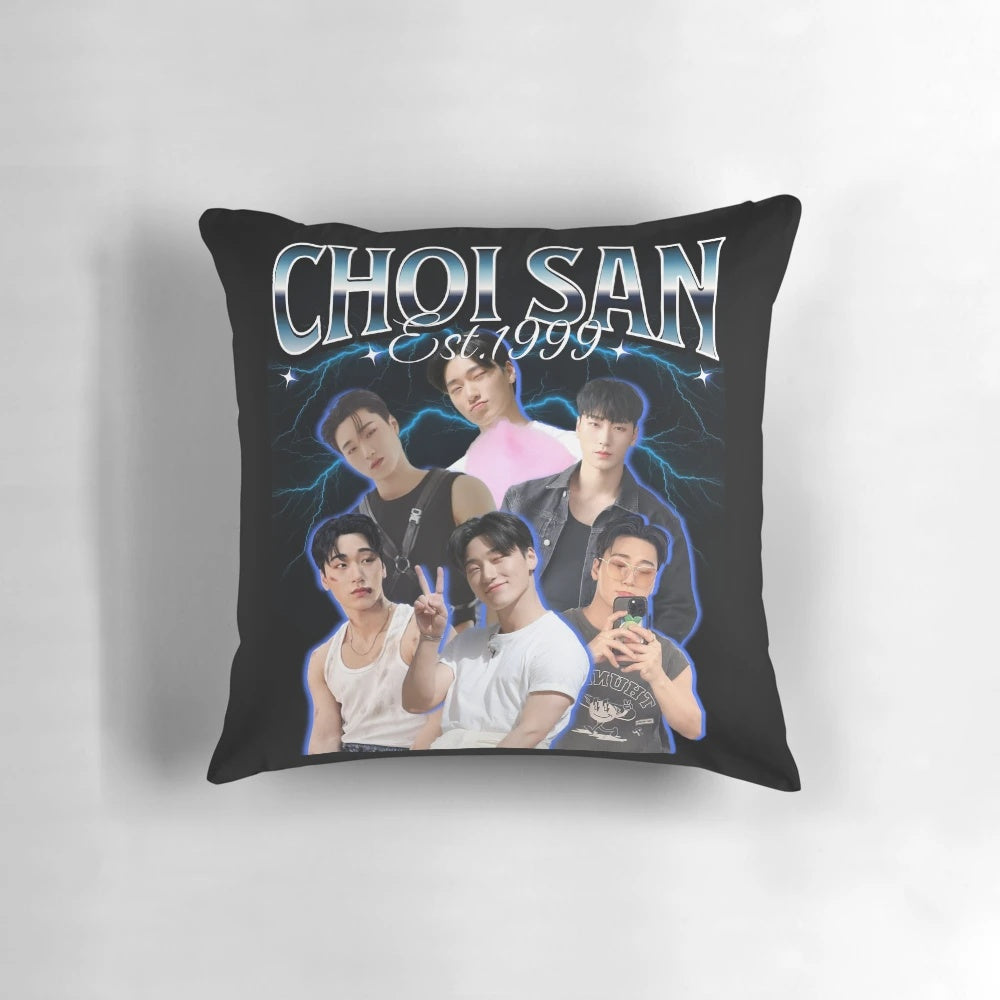 Choi San 90s inspired ATEEZ pillow with the group member's image and logo