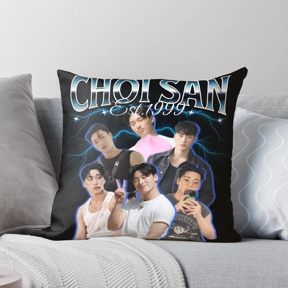 Choi San 90s inspired ATEEZ pillow with the group member's image and logo