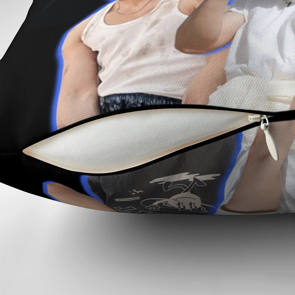 Choi San 90s inspired ATEEZ pillow with the group member's image and logo