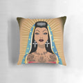 A colorful and vibrant pillow featuring the Virgin of Guadalupe with a chola-inspired design, perfect for adding a touch of Mexican-American culture to your home.