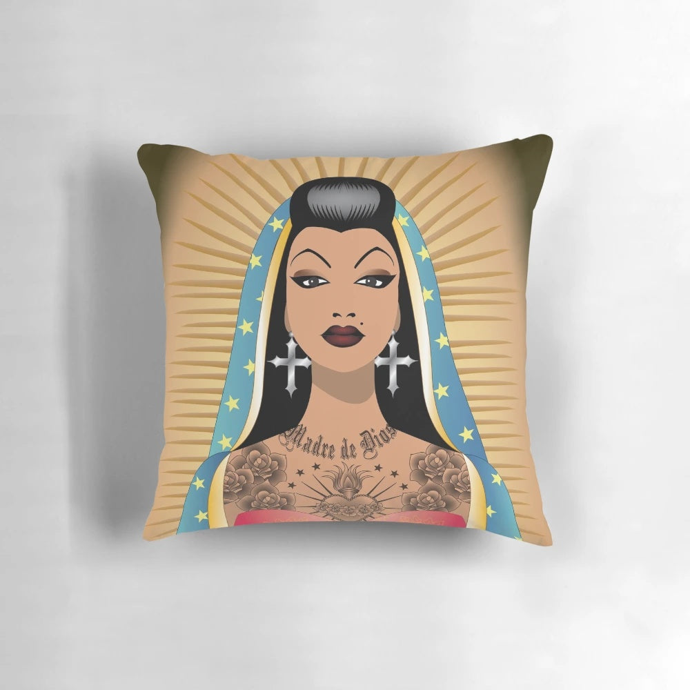 A colorful and vibrant pillow featuring the Virgin of Guadalupe with a chola-inspired design, perfect for adding a touch of Mexican-American culture to your home.