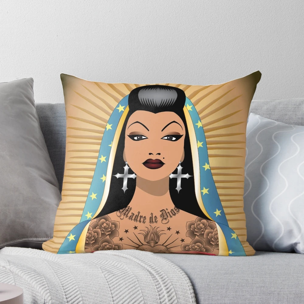 A colorful and vibrant pillow featuring the Virgin of Guadalupe with a chola-inspired design, perfect for adding a touch of Mexican-American culture to your home.
