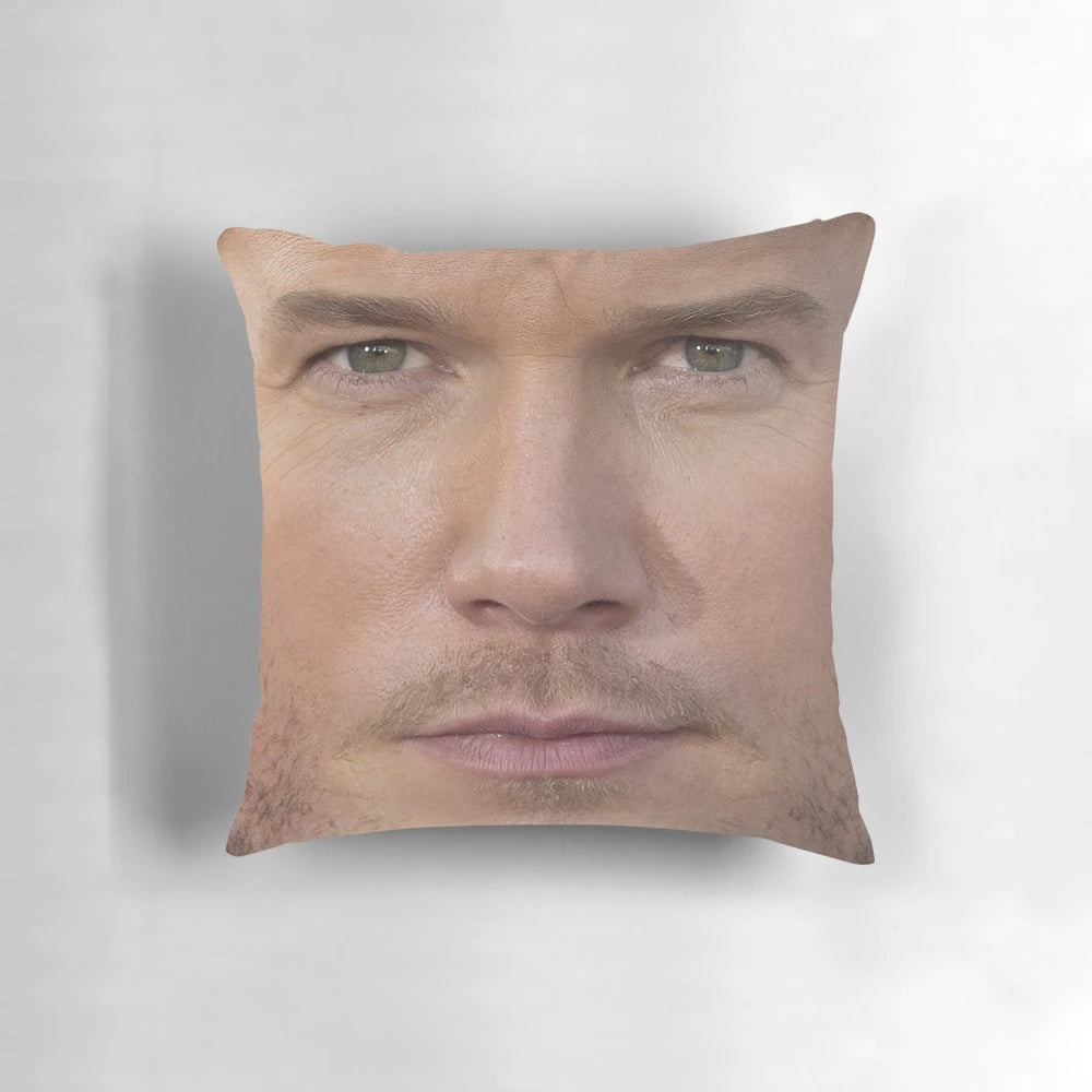 Chris Pratt's face printed on a soft, decorative throw pillow