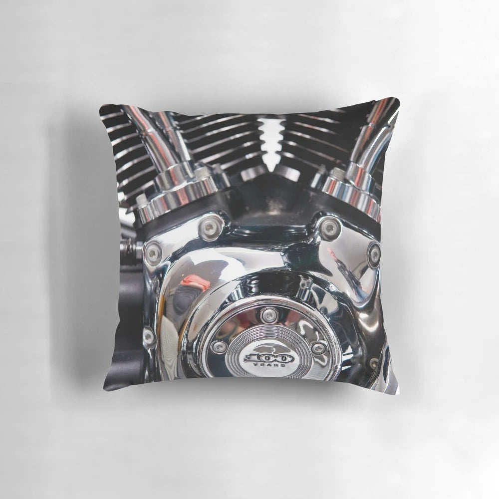 Chrome motorcycle engine-inspired pillow for bike enthusiasts
