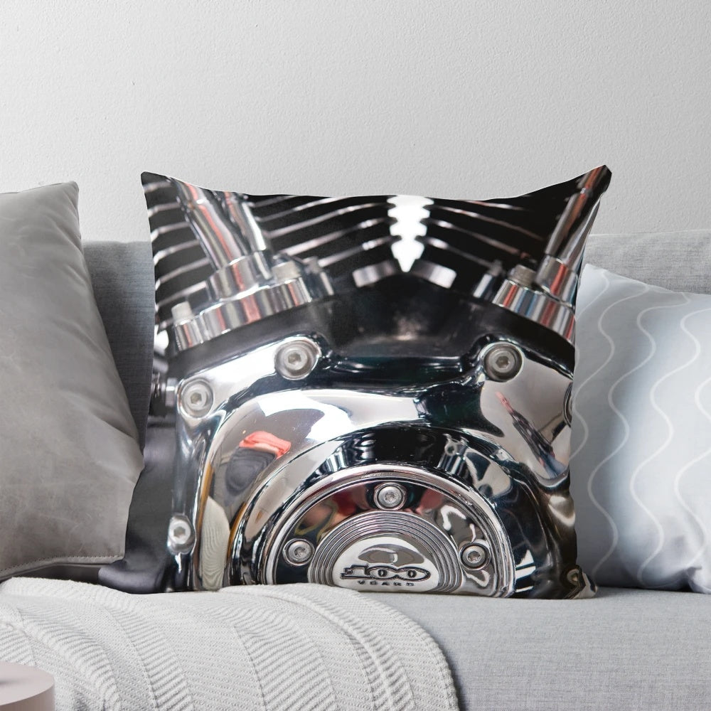 Chrome motorcycle engine-inspired pillow for bike enthusiasts