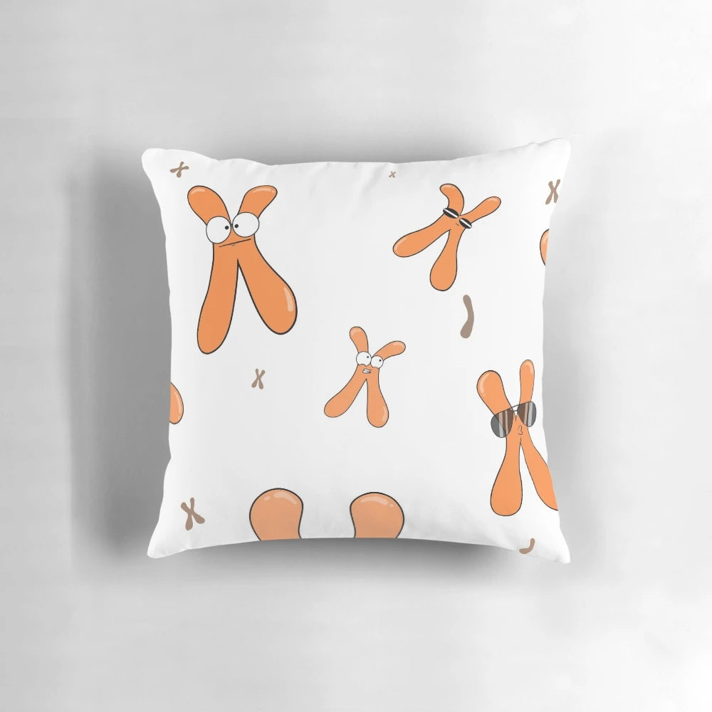 Colorful chromosome-themed pillow featuring designs inspired by the Amoeba Sisters