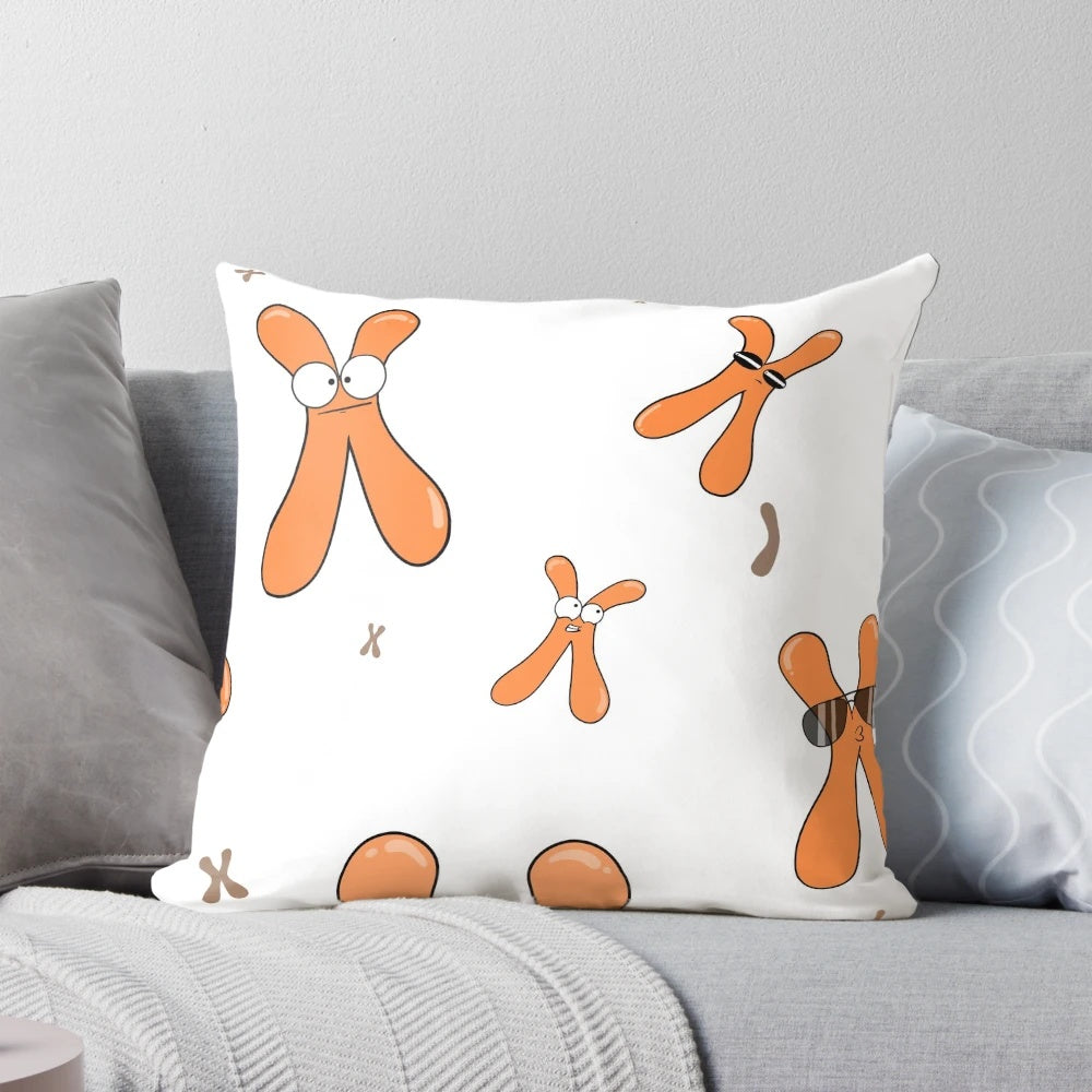 Colorful chromosome-themed pillow featuring designs inspired by the Amoeba Sisters