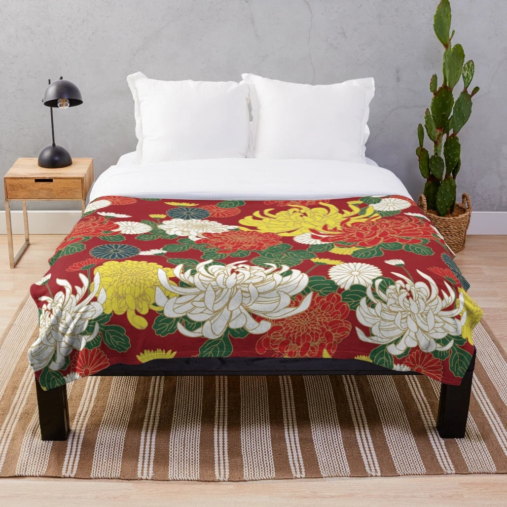 Chrysanthemum flower patterned plush blanket