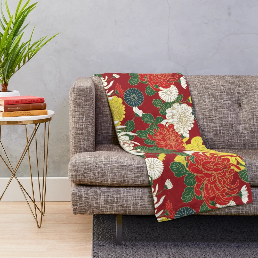 Chrysanthemum flower patterned plush blanket