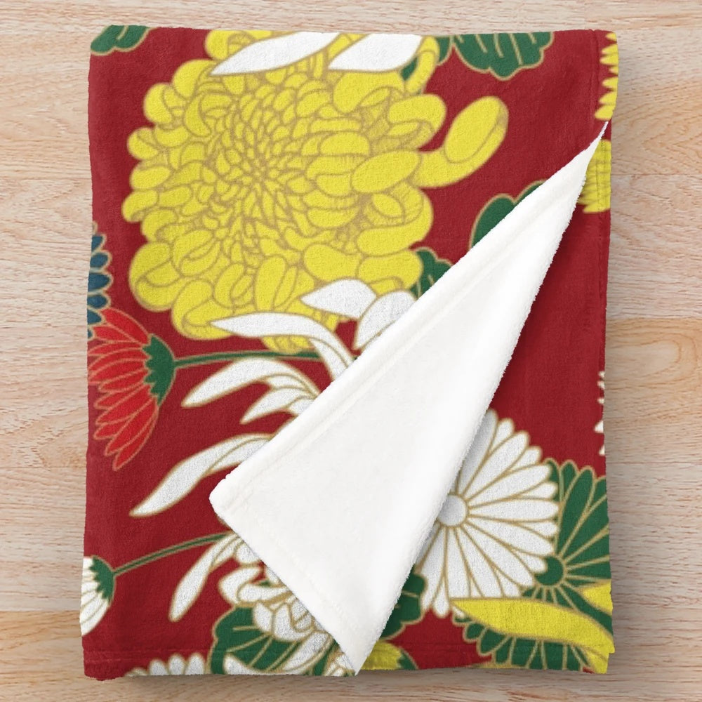 Chrysanthemum flower patterned plush blanket