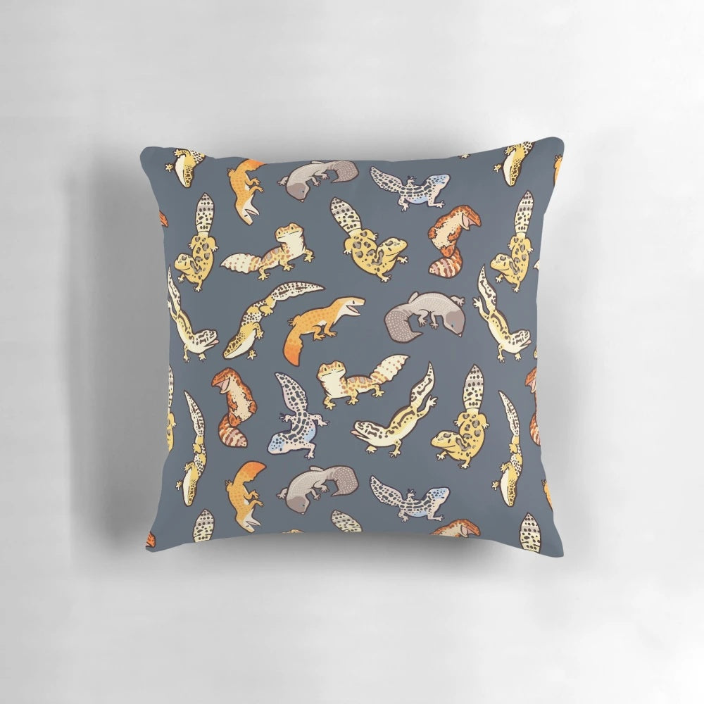 Soft, plush pillow featuring a realistic chub gecko or leopard gecko pattern in dark grey tones.