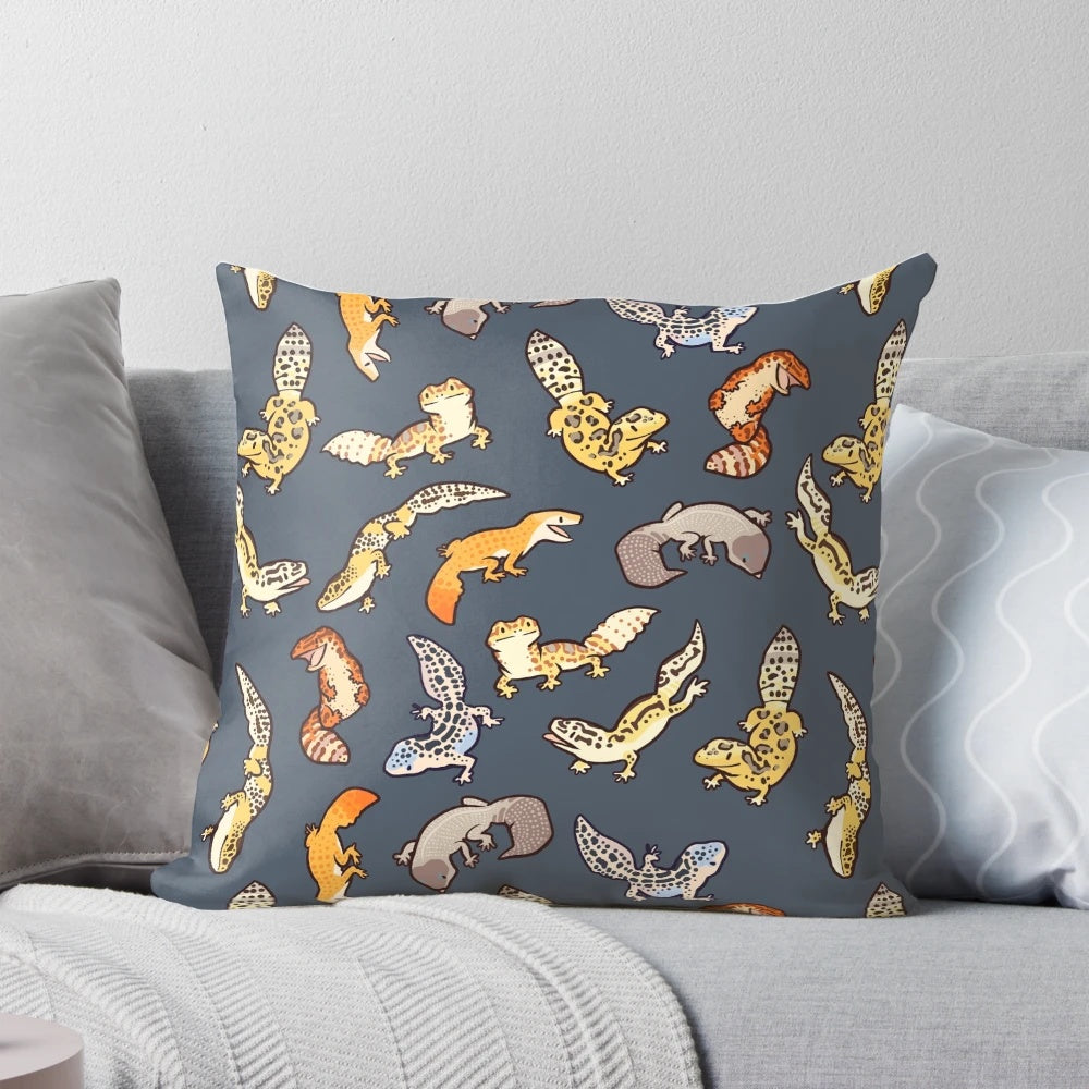 Soft, plush pillow featuring a realistic chub gecko or leopard gecko pattern in dark grey tones.