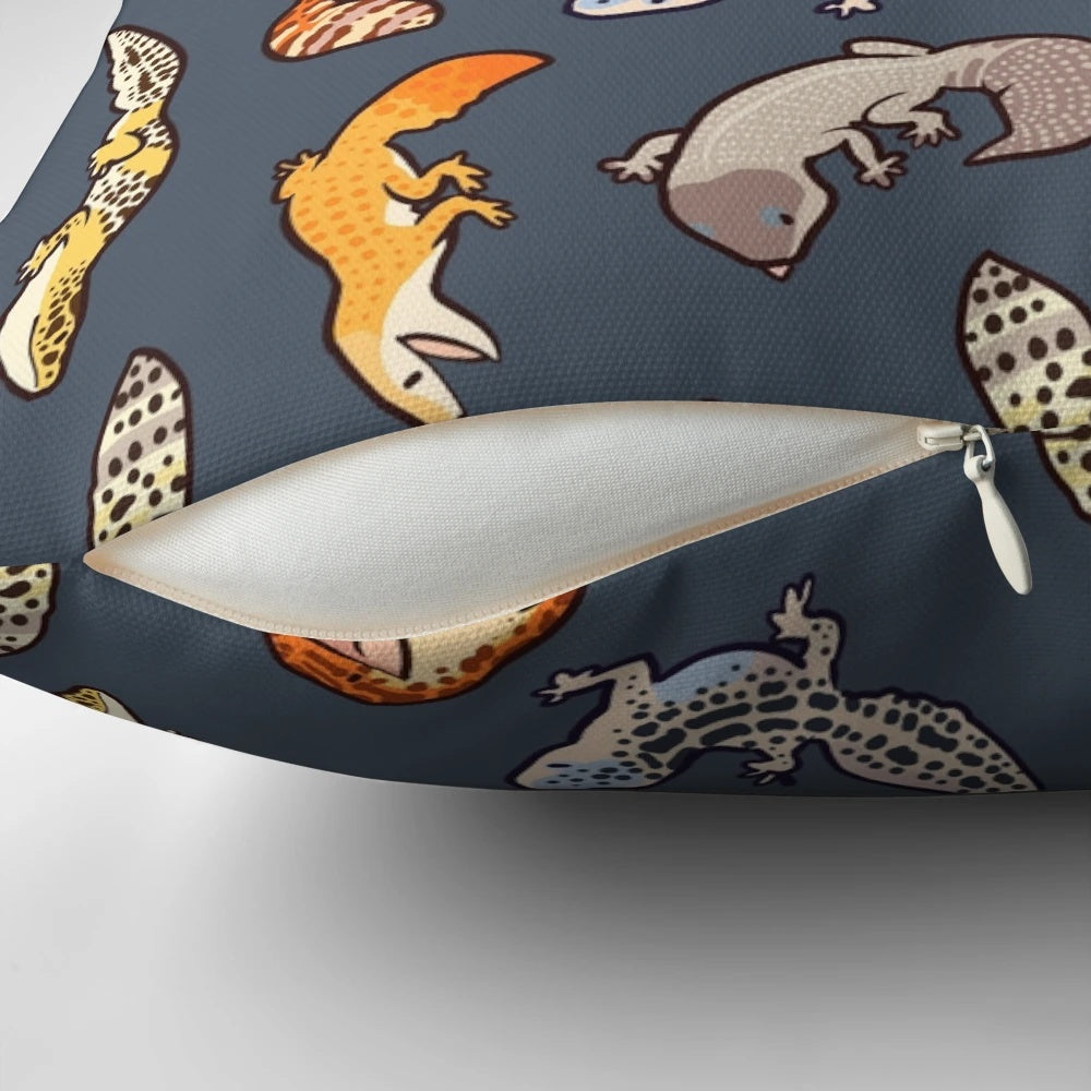 Soft, plush pillow featuring a realistic chub gecko or leopard gecko pattern in dark grey tones.
