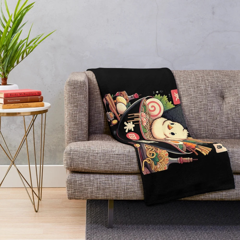 Soft, cozy plush blanket featuring a chubby chocobo ramen design