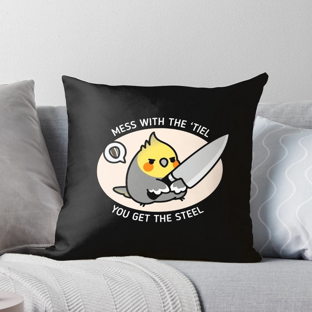 A colorful pillow with an illustration of a chubby cockatiel holding a knife, a humorous bird meme design.