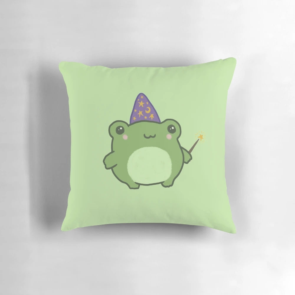 Whimsical fantasy plush of a chubby, smiling frog wizard with a purple cap and magic wand