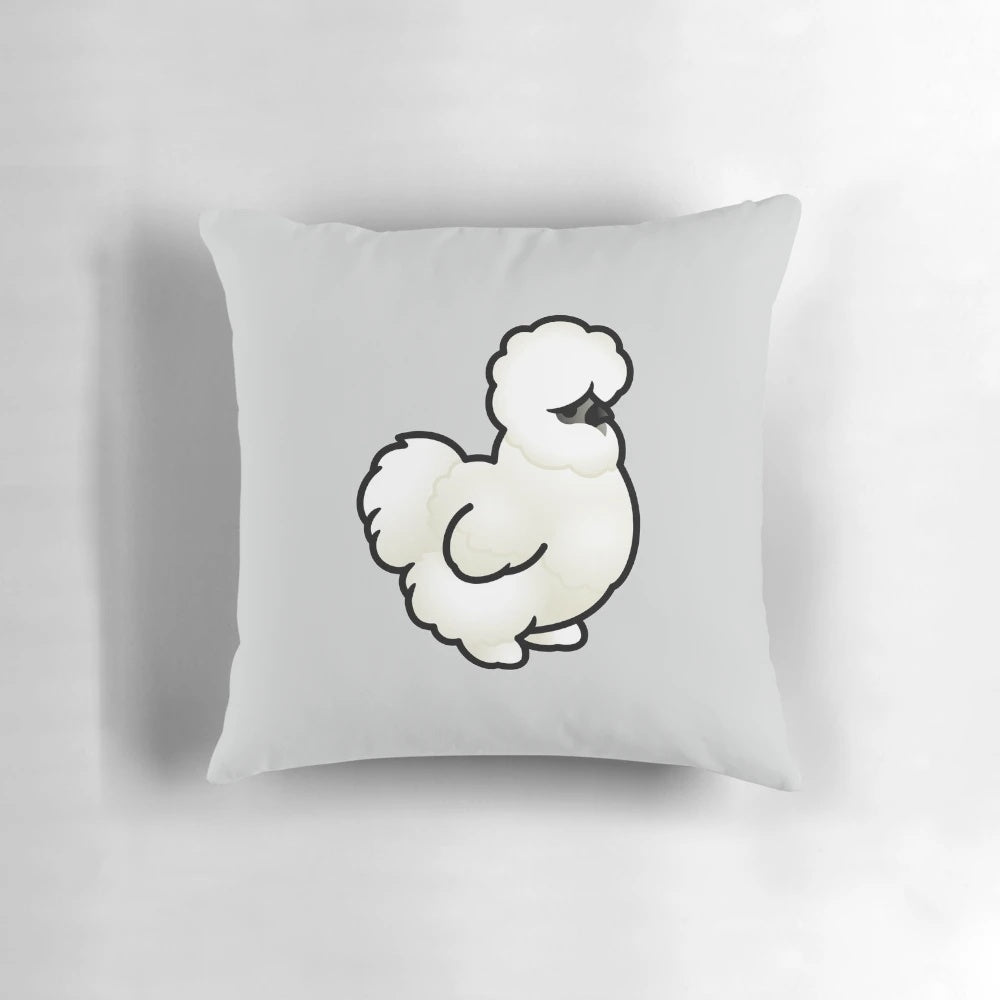 Soft, white plush pillow featuring a chubby silkie chicken design, perfect for bird lovers and home decor.
