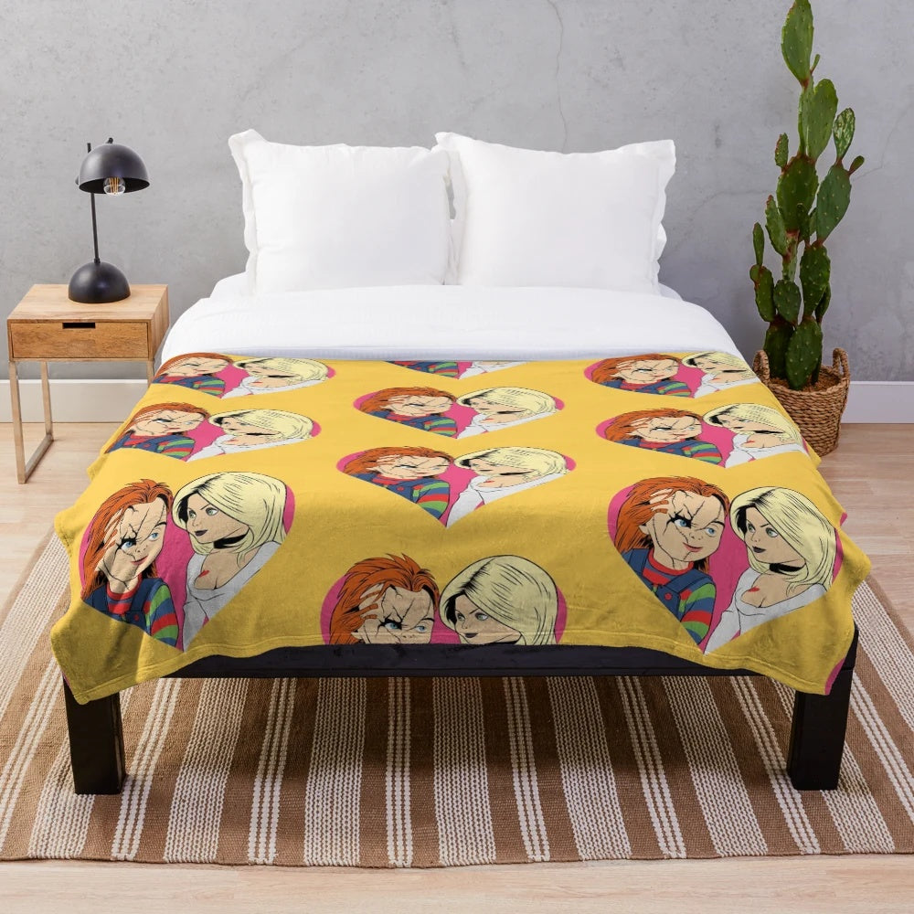 Chucky and Tiffany inspired plush blanket featuring retro horror art