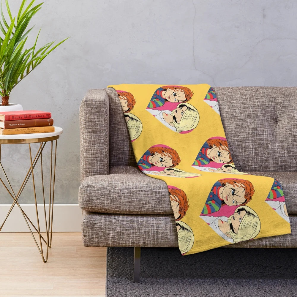 Chucky and Tiffany inspired plush blanket featuring retro horror art