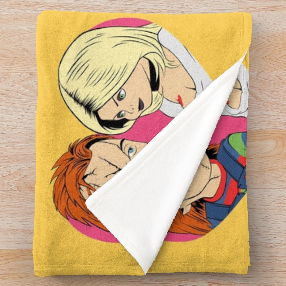 Chucky and Tiffany inspired plush blanket featuring retro horror art