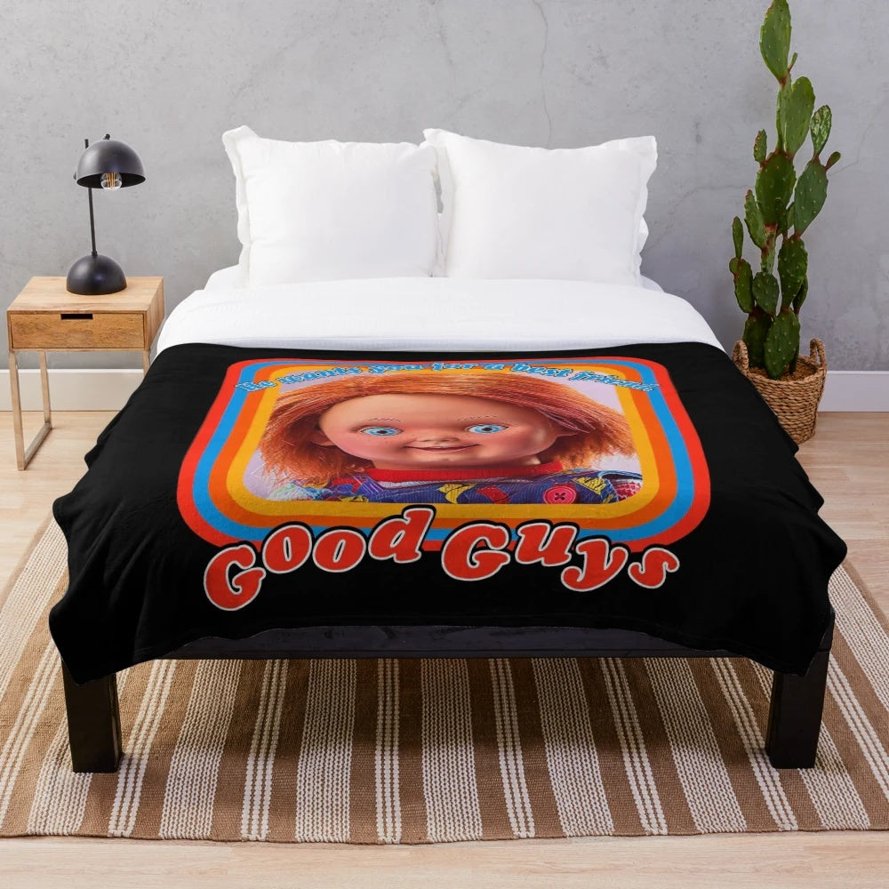 Chucky-inspired good guy plush blanket for horror movie enthusiasts